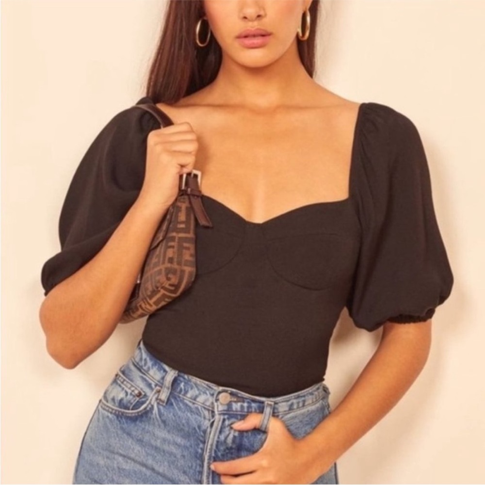 Reformation Black Puff Sleeve Sweetheart Neck Top